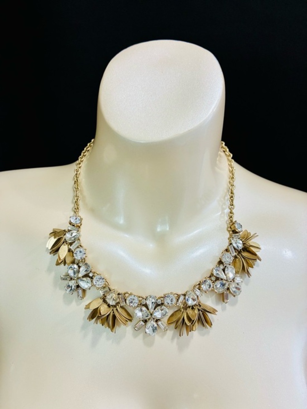 VTG J. Crew Gold Floral Crystal Collar Statement Necklace Bold Sparkly Formal